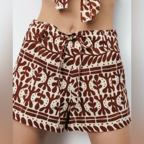 Zara Tribal Shorts linen/viscose blend sz Small patterned rust cream - Picture 2 of 8